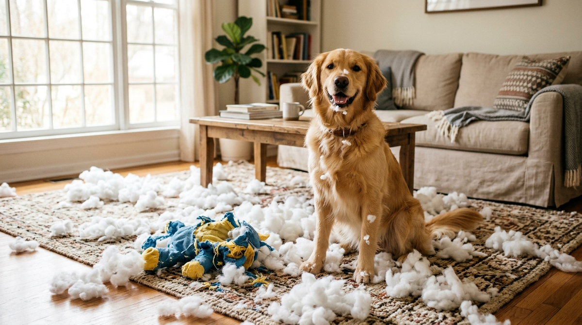 Golden retriever sitting proudly in a pile of stuffing from a destroyed plush toy