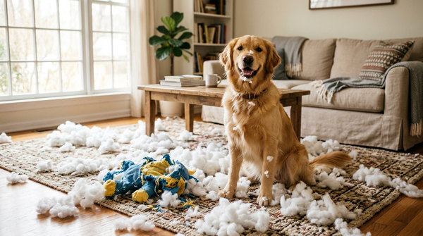 Golden retriever sitting proudly in a pile of stuffing from a destroyed plush toy
