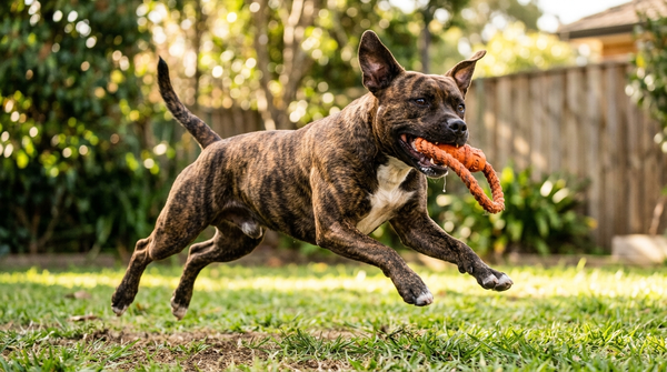Strong dog joyfully gripping a tough orange natural rubber toy in mid play