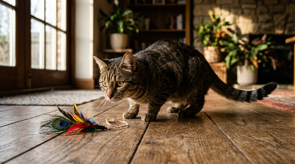 Tabby cat in a low hunting crouch stalking a feather lure on a wooden floor