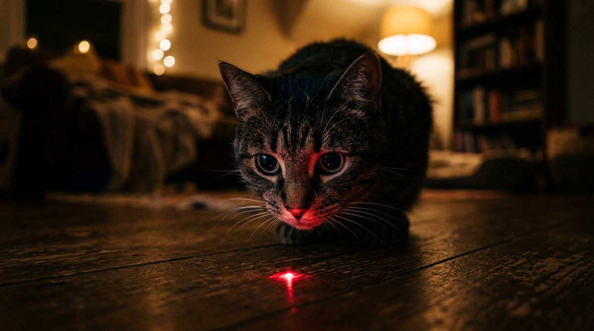 Cat's intense face lit by the glow of a red laser dot on the floor