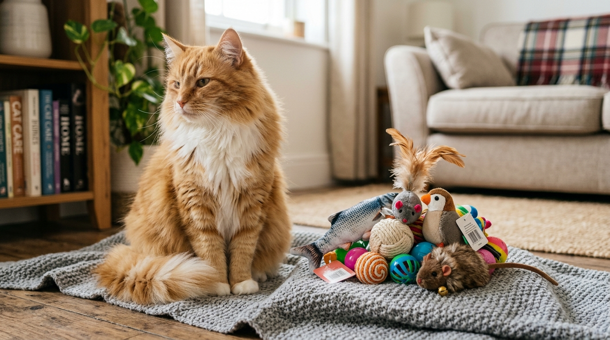 Unimpressed fluffy cat looking away from a pile of brand new untouched cat toys