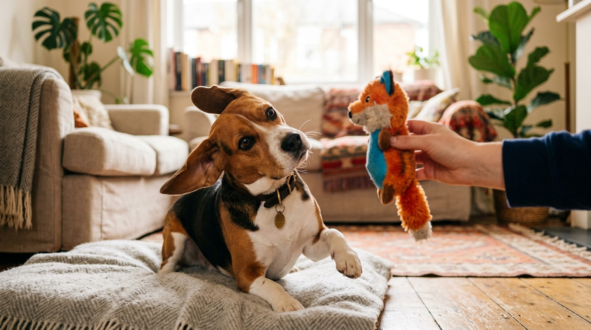 Beagle mid head-tilt staring at a small squeaky plush toy