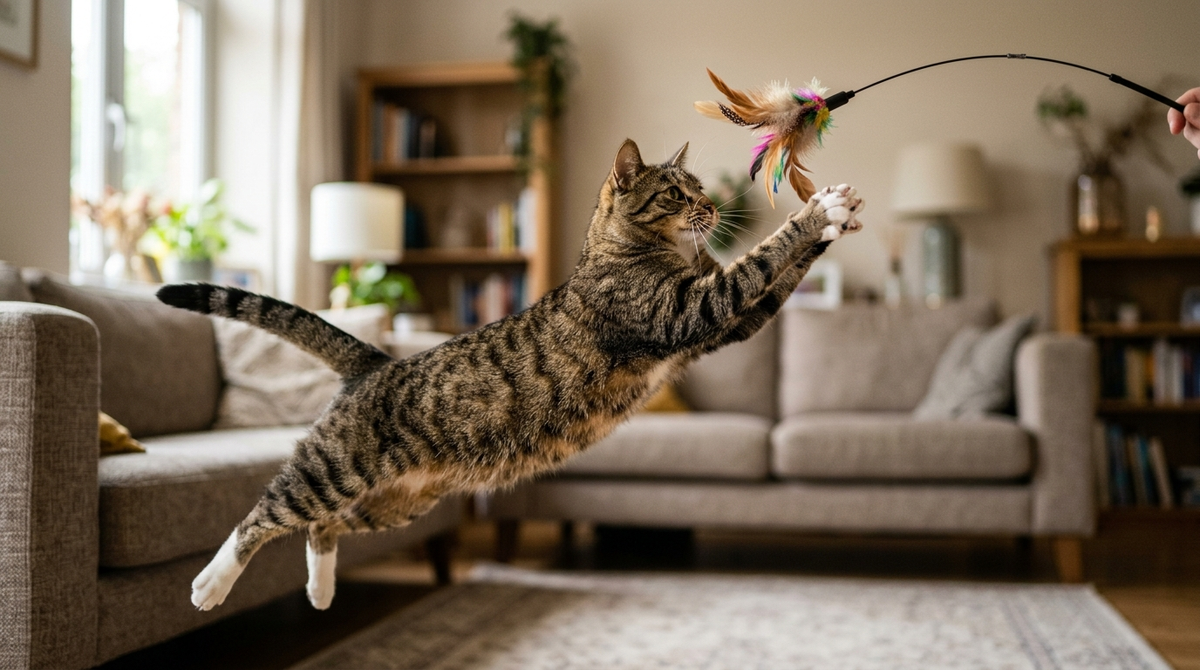 Cat caught mid-leap reaching for a feather teaser wand lure