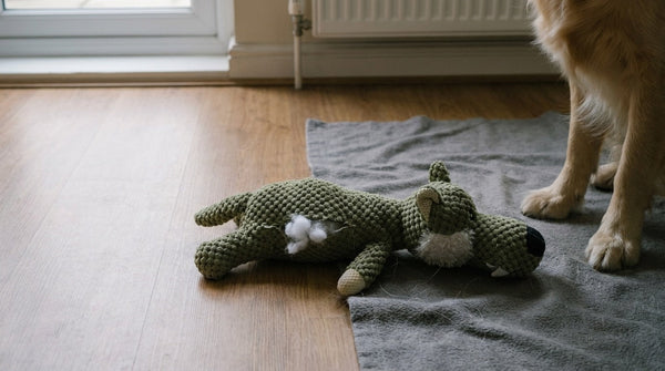 A well-used plush dog toy on a wooden floor with one side seam split open and a little stuffing showing, a dog's paws just visible at the edge of frame