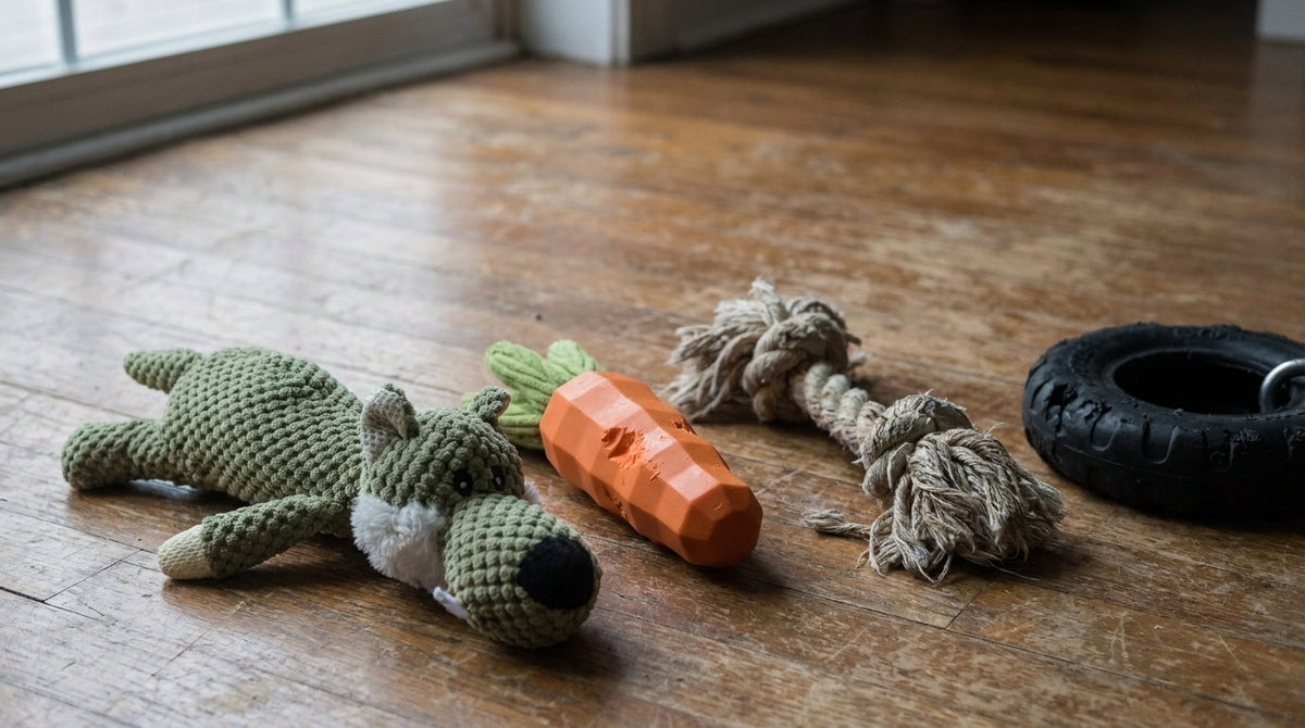 Four tough dog chew toys laid out in a loose row on a warm wooden floor, each showing a different amount of wear from nearly new to visibly gnawed