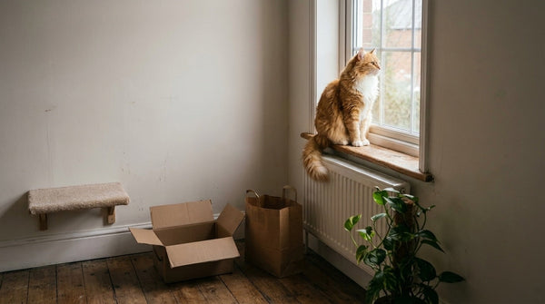 A cat sitting on a sunlit windowsill looking out, with an untouched open cardboard box and paper bag on the floor below and an unused wall shelf nearby