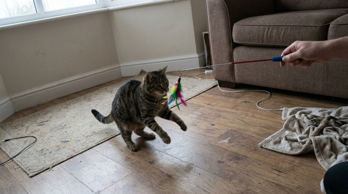 A domestic shorthair cat mid-pounce with both front paws off the ground, reaching for a feather lure on a telescopic wand held by a hand at the edge of frame
