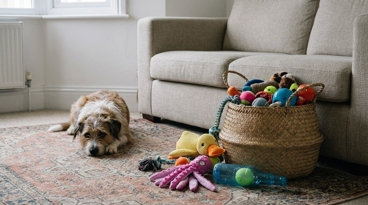 An overflowing woven basket of dog toys beside a sofa with several spilled onto the rug, and a dog lying nearby with its chin on the floor looking past them