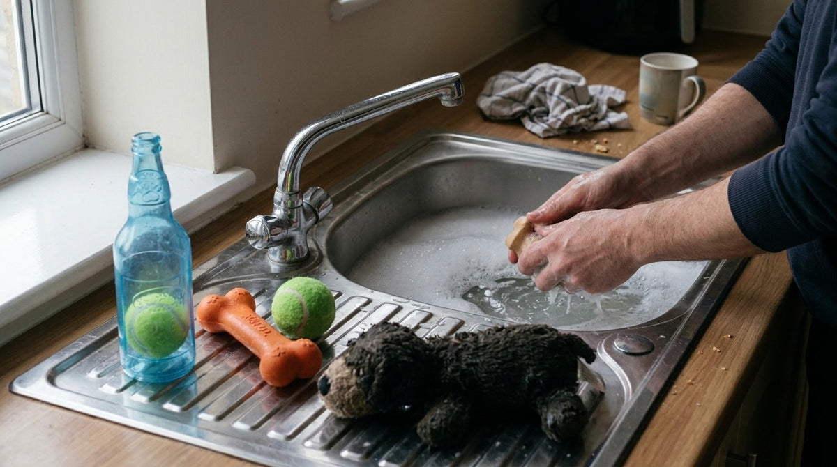 A kitchen sink of warm soapy water with two rubber dog toys and a wet plush toy on the draining board, a pair of hands mid-scrub with sleeves pushed up