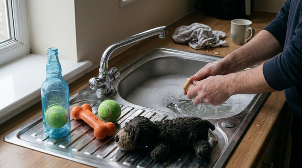 A kitchen sink of warm soapy water with two rubber dog toys and a wet plush toy on the draining board, a pair of hands mid-scrub with sleeves pushed up