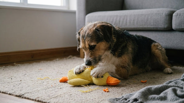 A medium mixed-breed dog lying on a rug working at the seam of a soft plush toy held between its front paws, calm and absorbed rather than frantic