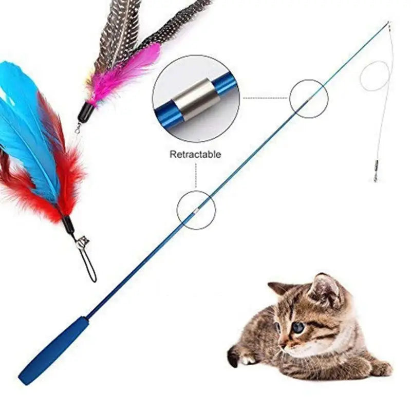 Retractable cat feather teaser wand