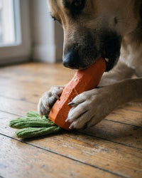 A large dog gnawing the orange rubber carrot chew on a wooden floor, both front paws pinning it down by the green fabric leaves
