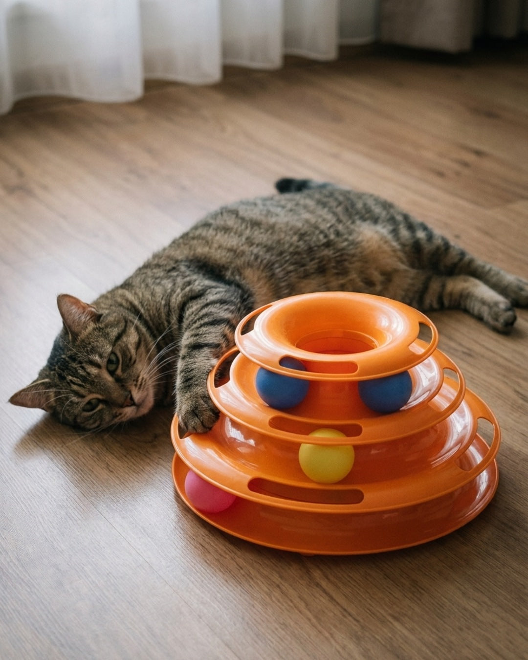 Three layer interactive cat toy tower with trapped balls