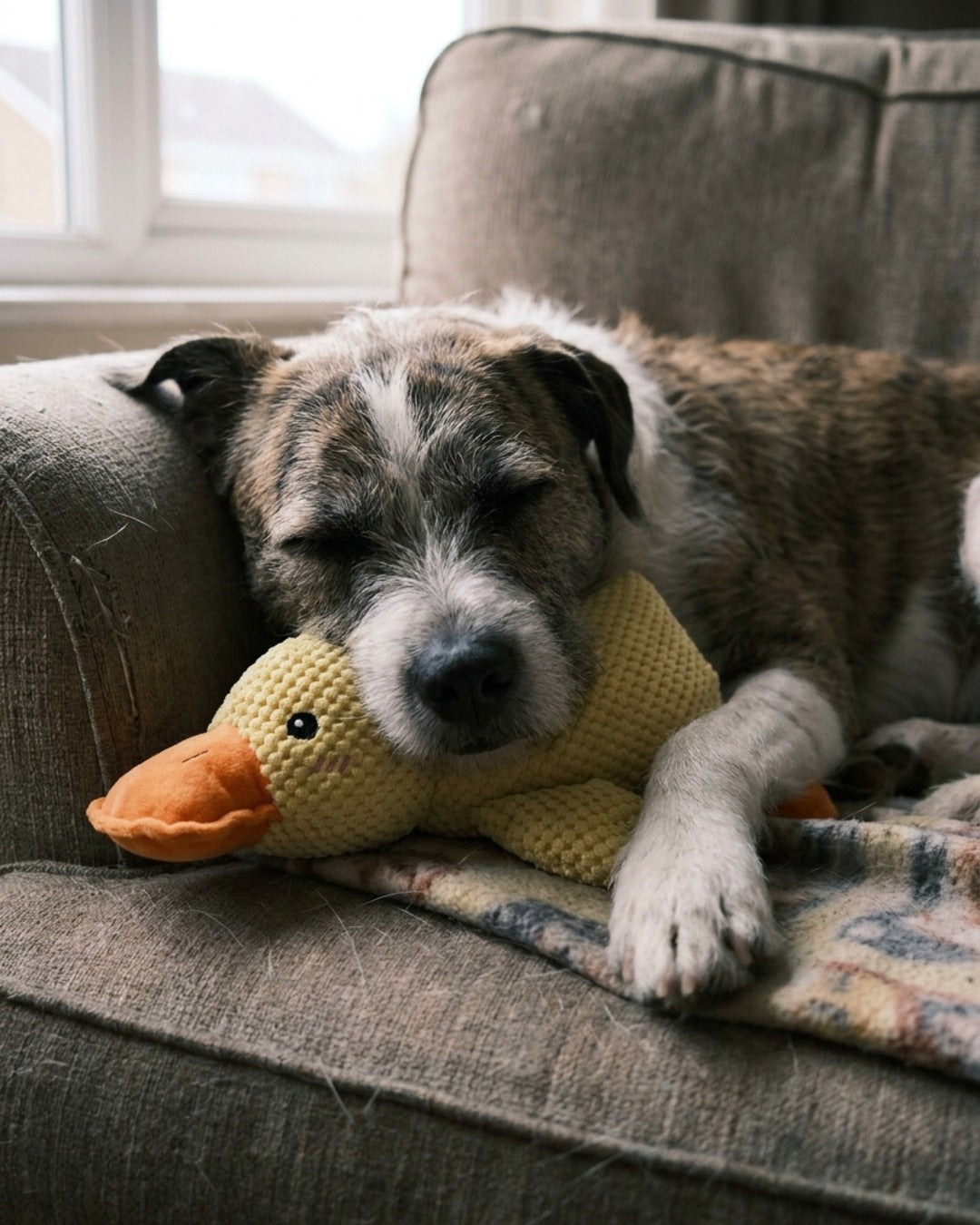 A grey muzzled terrier asleep on a sofa with its chin resting on the yellow Mellow duck and one paw stretched out beside it