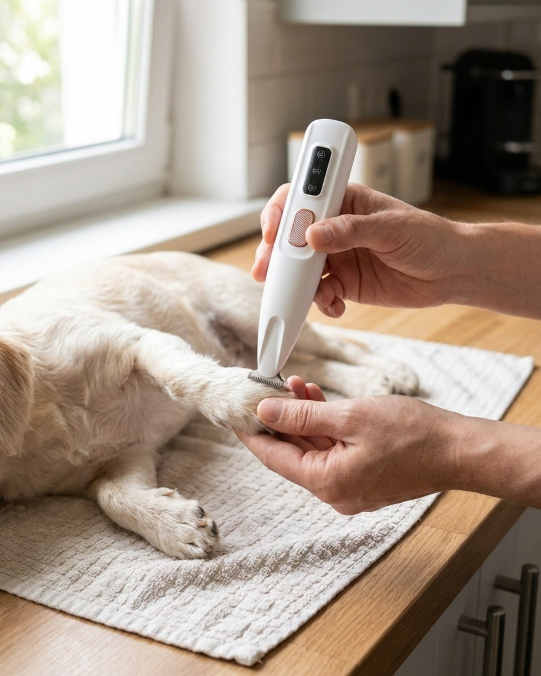 Two hands using the white PetTrim trimmer on a cream coloured dog's paw, the dog lying calm on a towel on a kitchen worktop