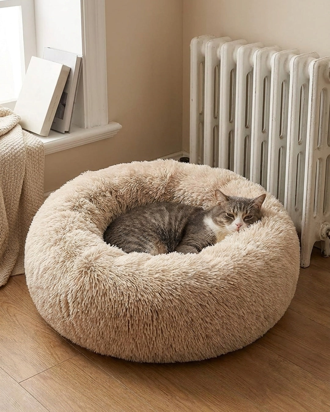 A tabby and white cat curled tight in the cream plush nest bed, spine pressed into the raised rim, beside a radiator on a wooden floor