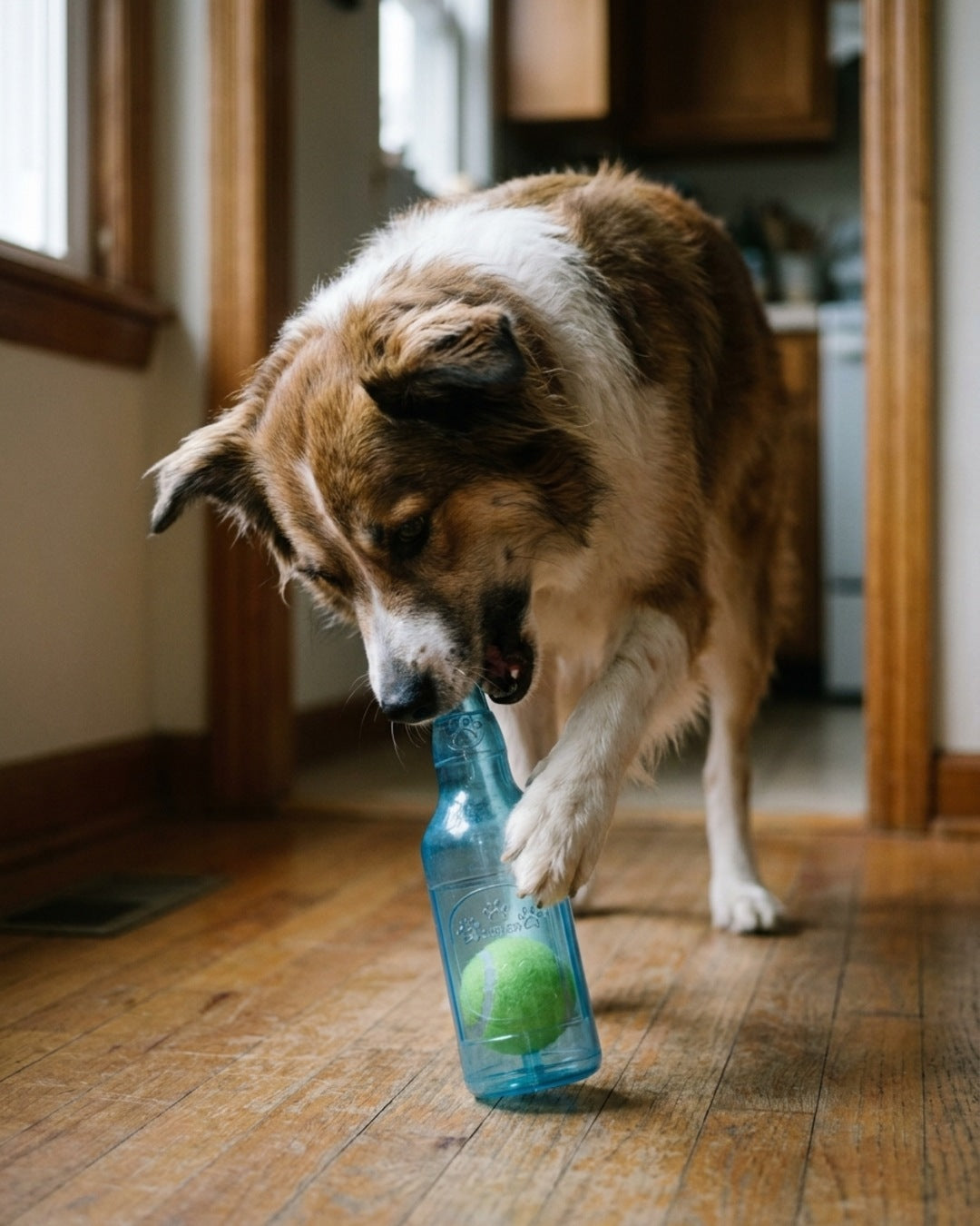 A dog pawing at the blue Bottle Crunch toy on a wooden floor, the green tennis ball visible inside the bottle